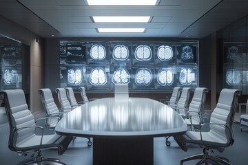 Modern conference room with large screens displaying brain scans, suggesting a medical or neurological setting.