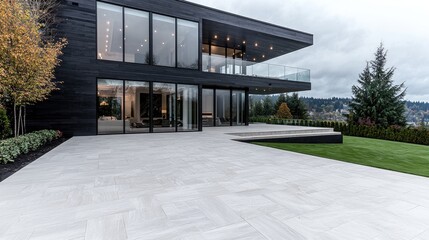 Modern black house, patio, garden, hills view; real estate listing