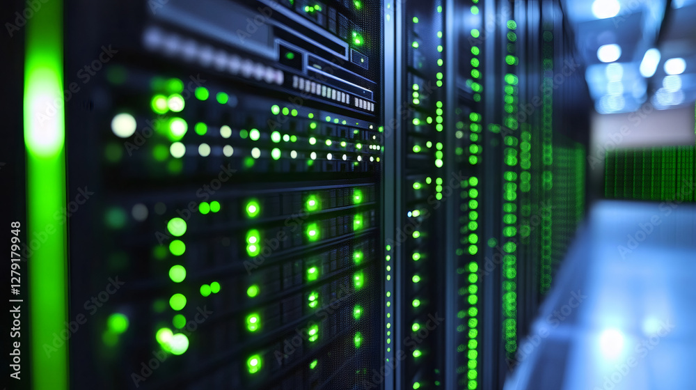 Fototapete server racks with green lights blinking in a dark data center, technology and computing concept
