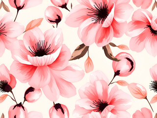 Seamless Elegant Pink Floral Pattern with Leaves on Soft Background