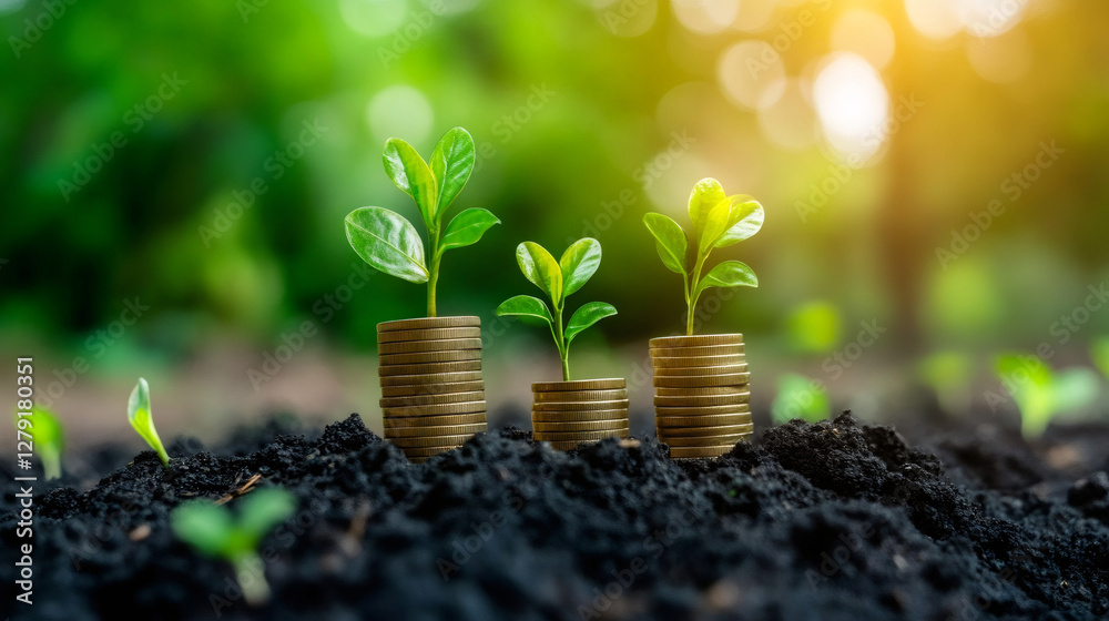 Aufkleber tree growing on coin stacks in fertile soil with blurred green background and sunlight, depicting fi