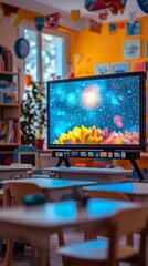 Interactive display in a bright, colorful classroom.