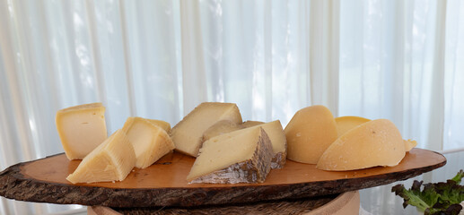 Assorted artisanal cheeses displayed on a rustic wooden board. Aged and semi-aged varieties with natural rinds, showcasing rich textures and earthy tones, ideal for gourmet and culinary 