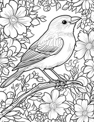 This picture is a black and white line drawing, depicting a bird perched on a flowering branch, encompassed by a dense frame of blossoms and leaves.