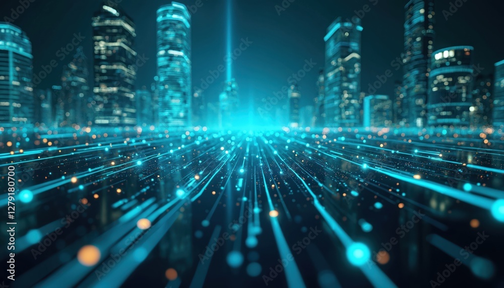 Poster abstract tech cyber background with blurred futuristic city. data transfer with glowing lines. digit