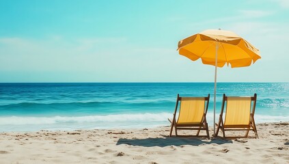 Beach Bliss Two Lounge Chairs Under a Yellow Umbrella on White Sand Overlooking the Turquoise Ocean A Perfect Tropical Getaway for Relaxation