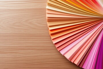 Colorful array of paper sheets arranged in a fan shape on a wooden surface showcasing vibrant hues and textures for creative projects concept