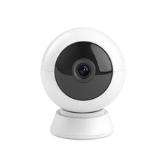 Modern white security camera with a black lens, spherical design, and compact base, used for surveillance and monitoring in homes and businesses. Isolated on transparent background, png.