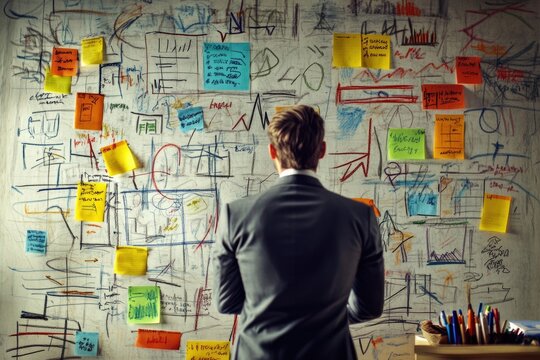A businessman reviews a whiteboard covered in drawings, notes, and sticky notes, brainstorming ideas.