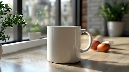 Morning Brew: A simple, elegant white ceramic mug sits on a wooden surface bathed in soft light, surrounded by a touch of greenery, ready to be filled with a warm beverage. 