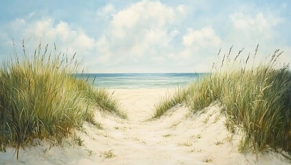 A serene beach scene with sand dunes and tall grasses, showcasing the beauty of coastal landscapes