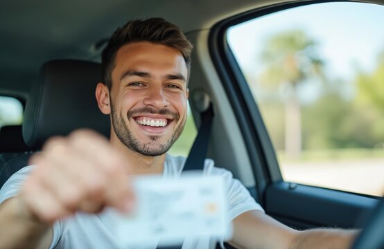 Happy young man shows driving license. Smiling driver in car. Portrait of joyful person successful passed exam. Auto drive and road trip concept. Transport, insurance, rental or car purchase.
