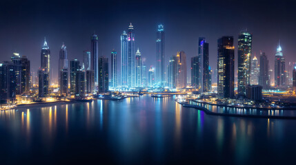 Naklejka premium Modern skyscrapers reflecting in the water of Dubai Marina at night, creating a stunning cityscape