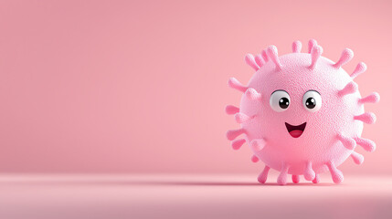 Naklejka premium Cute pink cartoon virus character with smiling face on soft pink background. This playful design adds whimsical touch to concept of viruses