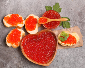 bowls of red caviar