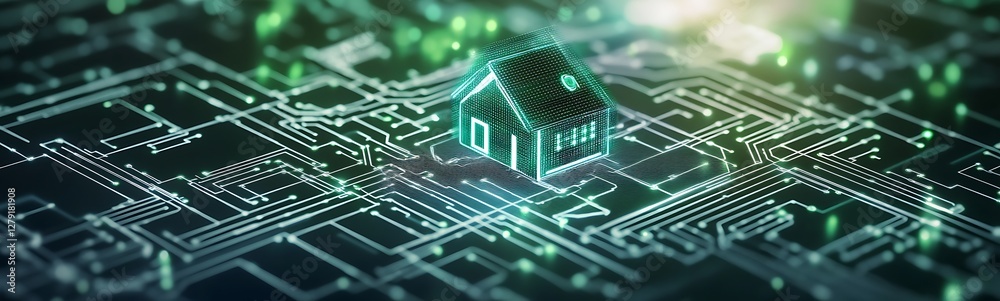 Poster AI-powered smart home system interface in a futuristic design, showcasing advanced technology and user interaction.