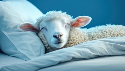 Adorable sheep comfortably tucked in bed with pillows, representing bedtime, dreams, and the classic idea of counting sheep for better sleep