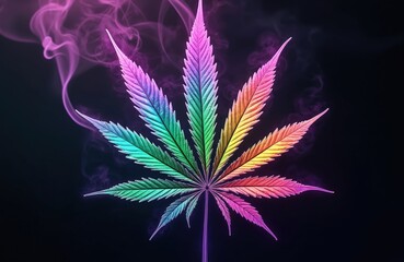Vibrant marijuana leaf on black backdrop with colourful neon smoke. Cannabis ganja plant has green, purple, violet, red, blue tints. Hemp wild plant leaf for medical or artistic use.