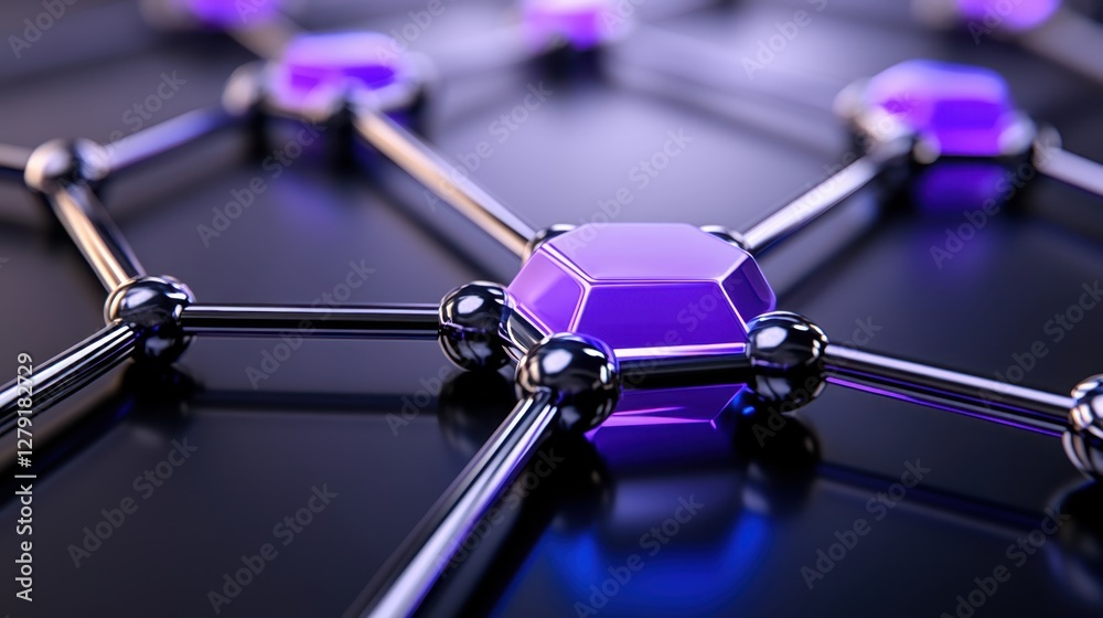 Poster abstract 3d rendering of a network, featuring interconnected purple hexagonal nodes and metallic gra