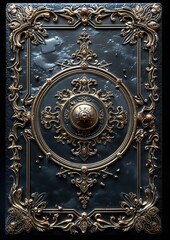 Medieval fantasy empty book with a gemstone-encrusted frame on a dark backdrop