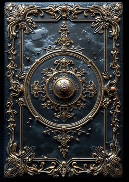 Medieval fantasy empty book with a gemstone-encrusted frame on a dark backdrop
