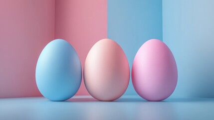 Fototapeta premium Three pastel eggs against soft pink and blue background. Easter, Pascha, Paskha, Ostern, Pascua, Paques - Orthodox and Catholic Holiday celebration