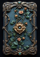 A luxurious medieval fantasy book with an intricate gemstone frame on a dark background