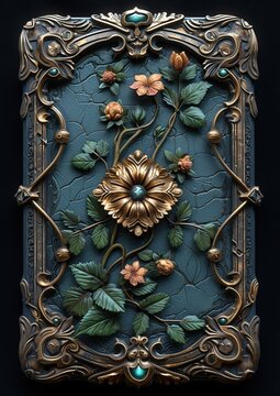 A luxurious medieval fantasy book with an intricate gemstone frame on a dark background