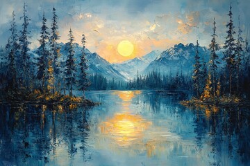 Serene sunrise over tranquil lake majestic mountains landscape art nature's beauty scenic viewpoint