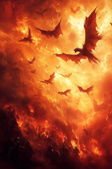Dragons and Knights Clash in Fiery Battle Sky