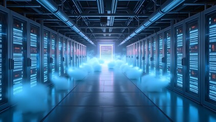 Futuristic Data Center: Rows of Humming Quantum Computers