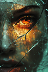 Distorted Face Reflection on Broken Glass with Eerie Lighting and Dark Tones, Unsettling Atmosphere