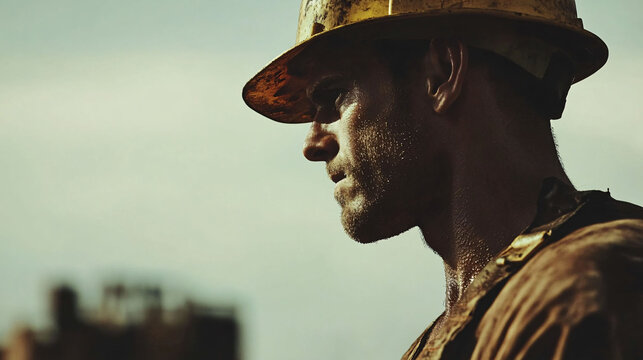 A weary oil worker wearing a hard hat stares intently