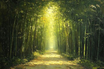 Naklejka premium Tranquil bamboo pathway illuminated by sunlight in lush forest nature scene serene landscape view