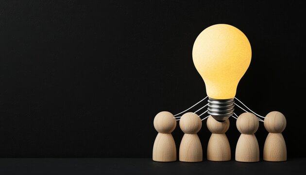 Business teamwork and creativity, abstract composition with linked wooden people and paper light bulbs, symbolizing idea exchange and collaboration