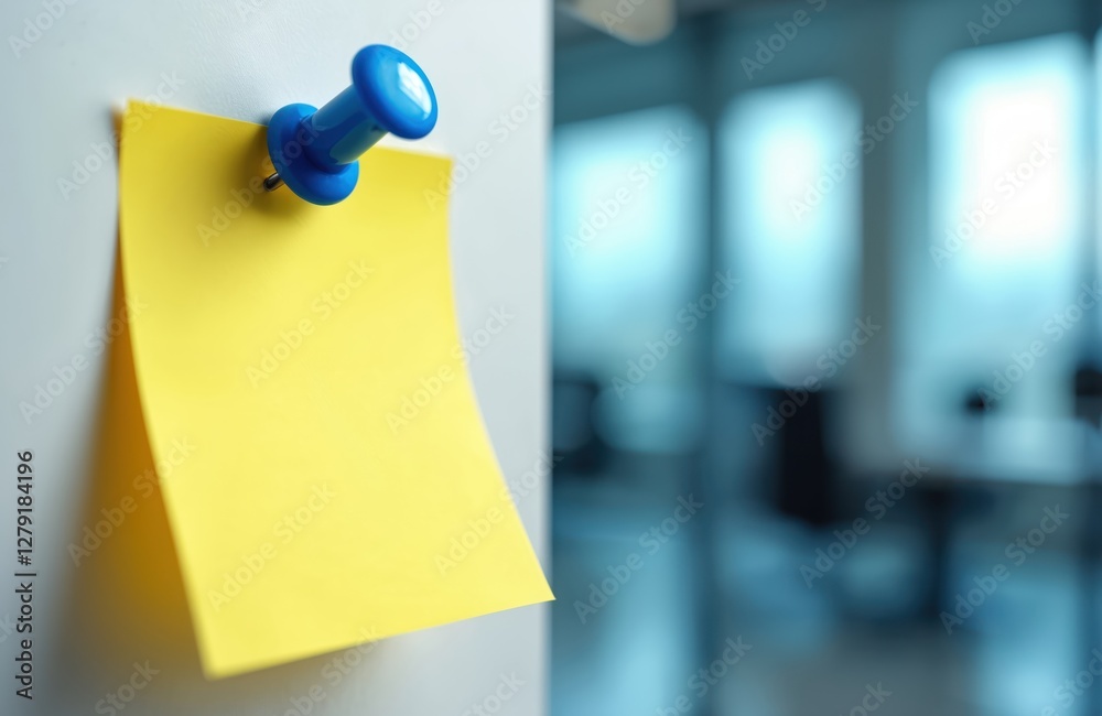 Wall mural single yellow post-it note attached to wall with blue push pin as simple practical message quick rem