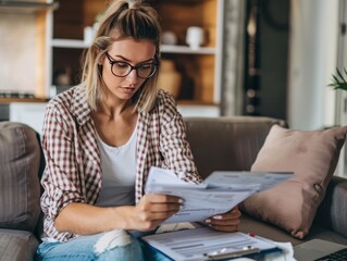 Girl with bills in a home environment.