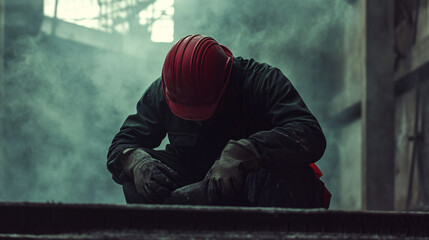 A Red Helmeted Worker Kneeling Down Amidst Environmental Industrial Smoke