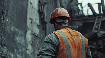 An industrial worker stands in front of a dilapidated structure