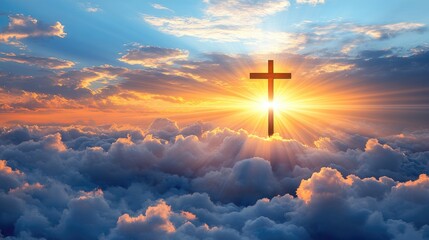 Fototapeta premium Radiant cross amidst clouds with vibrant sunset and sunbeams. Easter, Pascha, Paskha, Ostern, Pascua, Paques - Orthodox and Catholic Holiday celebration