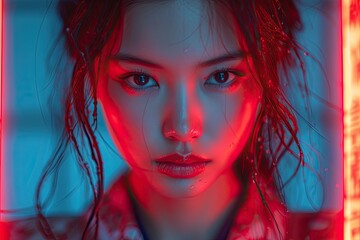 A stunning female Japanese samurai wielding a glowing red neon katana