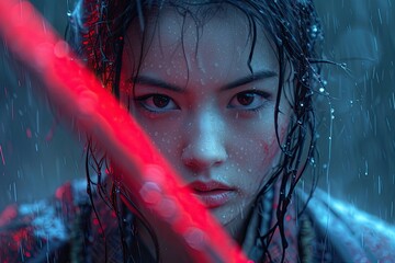A graceful female samurai from Japan, armed with a bright red neon katana.
