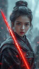 A stunning female Japanese samurai wielding a glowing red neon katana