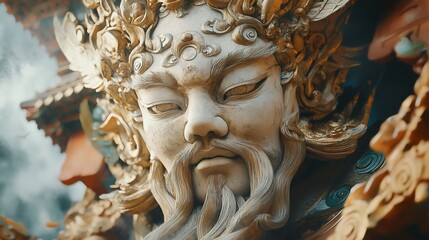 Obraz premium Close-up of ornate, carved Asian deity statue.