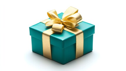 Teal Gift Box Adorned With Golden Ribbon on White Background For Celebration