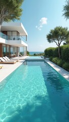 Fototapeta premium Luxury modern villa with swimming pool, sunbeds and turquoise water. Expensive real estate for rent with sea view. Vacation holiday resort, modern architecture with garden and lawn.