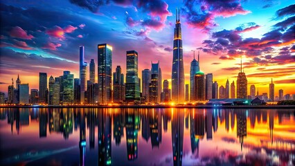 Fototapeta premium Futuristic Neon Skyline Sunset Reflection Macro