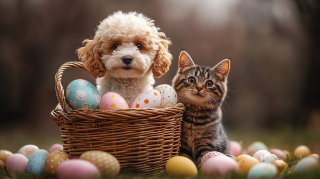 Adorable puppy and kitten with easter eggs in a basket outdoors. Easter, Pascha, Paskha, Ostern, Pascua, Paques - Orthodox and Catholic Holiday celebration