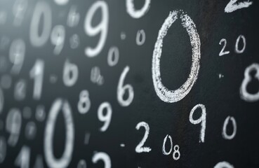 Blackboard with randomly scattered white numbers. Math concept. Texture background with blurred digits for decoration, creative design, wallpaper for school, business data and financial reports.
