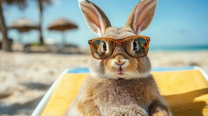 Cool rabbit relaxing on beach with sunglasses on a sunny day. Easter, Pascha, Paskha, Ostern, Pascua, Paques - Orthodox and Catholic Holiday celebration